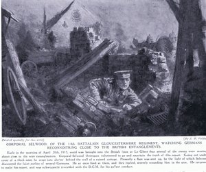 Desátník Selwood získal DCM za sledování Němců při průzkumu v blízkosti britských zápletek v Le Gheer v dubnu 1915 od John Harris Valda