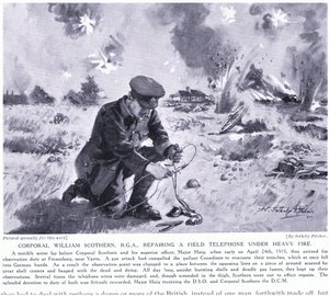 Desátník William Scothern RGA opravuje polní telefon pod těžkou palbou, byl vyznamenán DCM Ypres květen 1915 od John Harris Valda