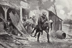 Střelec J Rafferty nesl zraněnou ženu do bezpečí z farmy, která byla ostřelována, první světová válka od John Harris Valda