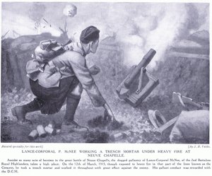 Lance desátník P McNee pracuje na zákopovém minometu pod silnou palbou v Neuve Chapelle od John Harris Valda