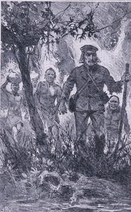 Livingstone střílel na lva, ale lev na něj zaútočil a kousl ho do ramene a zlomil mu levou paži, Newnes Pictorial Knowledge publikované Newnesem, kolem 50. let (litho) od John Harris Valda