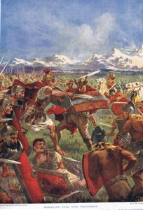 Marcellusův souboj s Virdumarem, ilustrace z „Hutchinsonových dějin národů“, počátek 20. století od John Harris Valda