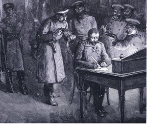 Princ Alexander podepisuje svou abdikaci 1886, ilustrace z Hutchinsons History of the Nations VOL 4 c.1920s od John Harris Valda