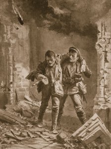 Vojín A.E. Walker pomáhá zraněnému kamarádovi z hořícího kostela, který byl používán jako nemocnice od John Harris Valda