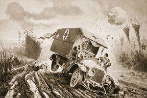 Vojín Adams jede na pomoc raněným v sanitním voze, který při palbě najel do díry po granátu. od John Harris Valda