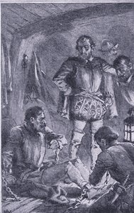 Santiago byl poslán napřed, aby prozkoumal, vyběhl na břeh a ztroskotal, Newnes Pictorial Knowledge vydané Newnesem, kolem 50. let (litho) od John Harris Valda