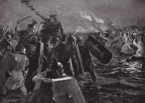 Římský útok na Anglesea (litografie) od John Harris Valda