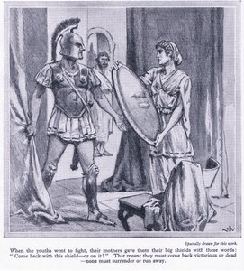 Když spartští mladíci odcházeli do boje, jejich matky jim dávaly velké štíty se slovy: "Vrať se s tímto štítem nebo na něm", cca 1950.