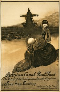Fundraisingová kampaň pro belgický fond Canal Boat Fund, hospoda. 1914-18 (barevné lito) od John Hassall