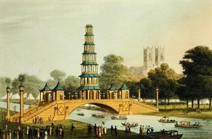 Čínský most a pagoda, vztyčené v parku na památku slavného míru z roku 1814, vyryl Matthew Dubourg (fl.1785-20)