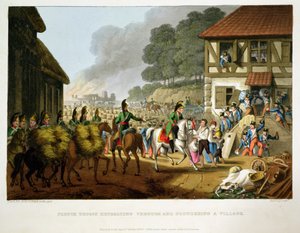 Francouzské vojsko ustupuje a drancuje vesnici, vyryl Matthew Dubourg (fl.1813-20) z knihy "Historic, Military and Naval Anecdotes", vyd. Edward Orme (1774-c.1820) 1816 (akvatinta) od John Heaviside Clark
