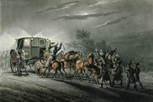 Zajetí Bonapartova kočáru, papíru a pokladu majorem von Kellerem, Waterloo, 18. června 1815, vyryl Matthew Dubourg (fl. 1813-20)