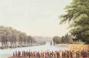 Flotila na řece Serpentine, vyryl Matthew Dubourg (fl.1813-20) 1814