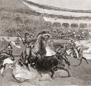 Býčí zápas ve španělské Seville, z časopisu The Century Illustrated Monthly Magazine, vydaného v roce 1884 (dřevoryt) od John Henry Ellsworth Whitney