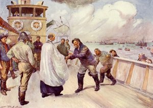Rybářská flotila rybářů Severního moře se shromažďuje k uctívání (barva litho) od John Henry Frederick (after) Bacon