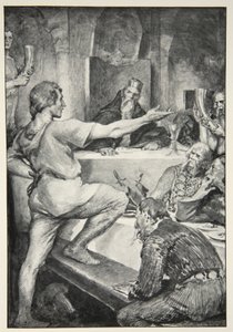 Beowulf povýšeně odpovídá Hunferthovi, z knihy M.I. Ebbutta "Hero Myths and Legends of the British Race", 1910.