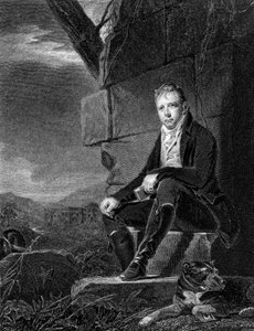 Walter Scott, skotský básník a romanopisec, sedící na kameni, doprovázený psem, 1808