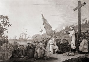 Kolumbus přistane v Novém světě (rytina) od John James (after) Barralet