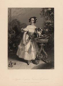 Augusta Georgina Frederica Fitzclarence, dcera lorda Frederica Fitzclarence, nemanželského syna krále Viléma IV. Nosí vlasy na prstýncích a stužkách a nosí šaty stažené přes ramena svázané vlečkou, na polštáři drží King Charles španěl od John James (after) Chalon
