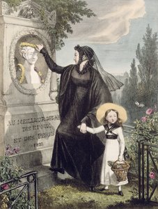 Hřbitov Pere Lachaise, tisk Charles Joseph Hullmandel (1789-1850) pub. 1822 (barevná rytina)