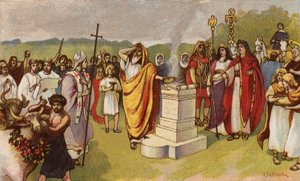 Konstantin Veliký nabízí oběť, když přijdou první křesťané, York, 306 (chromolitho) od John Jellicoe