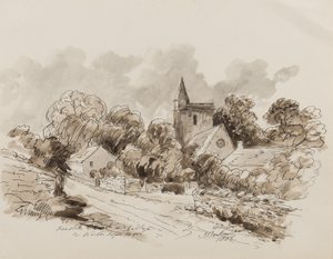 Kewstoke Church and Village, Weston Super Mare, Somerset, 1882 (pero, štětec a inkoust na papíře) od John Joseph Barker