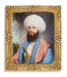 James Silk Buckingham (1786-1855), v bílé košili se světle modrým kabátem, růžovým vyšívaným šátkem kolem ramen a bílým turbanem s dýkou připevněnou k jeho cummerbundu, pozadí krajiny s mešitou od John Jukes