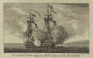 Sir Francis Drake se střetává s bohatou španělskou lodí "Cacafuego".