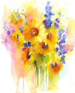 Slunečnice a delphinium, 2016, (akvarel)