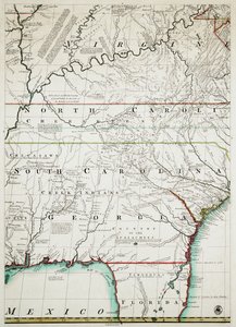 Mapa britského a francouzského panství v Severní Americe s vyznačením cest, vzdáleností, hranic a rozlohy osad, pokorně napsaná na počest ctihodného hraběte z Halifaxu a ostatních ctihodných lordů komisařů pro obchod a plánování. od John & Kitchen Thomas & Mitchell (fl.1755 Mitchell