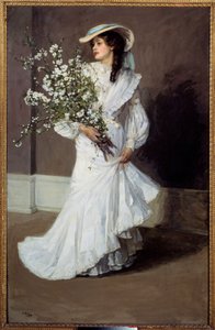 Jaro. Alegorie jara: portrét ženy oděné v bílém s kyticí květin. Obraz sira Johna Laveryho (1856-1941)