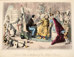 Edwardova paže v rukou svých lékařských poradců, z The Comic History of England, pub. 1864 (ručně kolorovaný lept) od John Leech