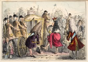 Georgey Porgey the Firstvyjíždí na projížďku ve svém státním kočáře Pachy, z knihy The Comic History of England, pub. 1864 (ručně kolorovaný lept) od John Leech
