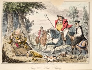 Jindřich VIII. Mnich-lov, z The Comic History of England, pub. 1864 (ručně kolorovaný lept)
