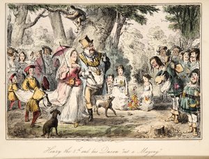 Henry VIII a jeho Queen Out-a-Maying, z The Comic History of England, pub. 1864 (ručně kolorovaný lept)