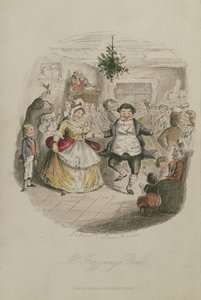 Mr Fezzywigs Ball, ilustrace z Vánoční koledy od Charlese Dickense (1812-1870), pub.1843 (ručně kolorovaná rytina)