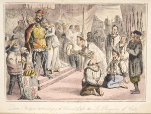 Královna Philippa se přimlouvá u Edwarda III., za Šest měšťanů z Calais, z The Comic History of England, pub. 1864 (ručně kolorovaný lept) od John Leech