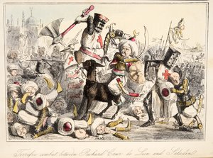 Úžasný boj mezi Richardem Coeurem de Lionem a Saladinem z The Comic History of England, pub. 1864 (ručně kolorovaný lept) od John Leech