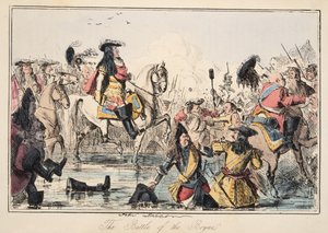 Bitva u Boyne, z knihy The Comic History of England, vyd. 1864 (ručně kolorovaný lept) od John Leech
