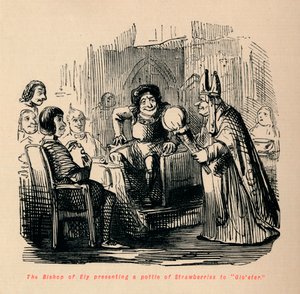Biskup z Ely předkládá Glosterovi hrnec s jahodami., od John Leech