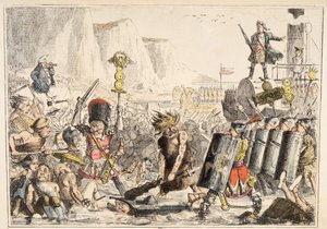 Vylodění Julia Caesara z knihy The Comic History of England, vyd. 1864 (ručně kolorovaný lept) od John Leech
