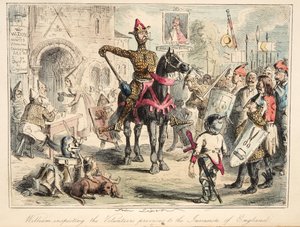 William the Conqueror inspecting the Volunteers předchozí k invazi do Anglie, z The Comic History of England, pub. 1864 (ručně kolorovaný lept)