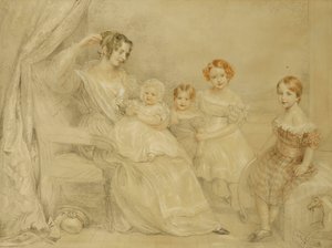 Portrét paní W.S. Fry a její čtyři děti: Emma, Willy, Julie a Georgina, sedící v interiéru, 1840 od John Linnell