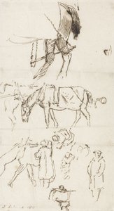 Studie koní, mužů a kočárů, 1811 (pero a hnědý inkoust na papíře) od John Linnell