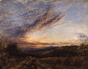 Západ slunce nad krajinou Moorland, počátek 50. let 19. století (olej na panelu) od John Linnell