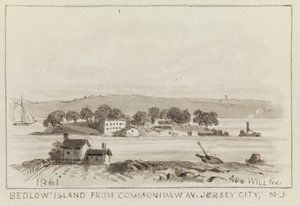 Ostrov Bedloe z Communipaw Ave., Jersey City, NJ, 1861 od John M. August Will