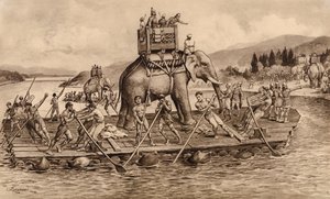 Hannibal při přechodu řeky Rhôny (litografie) od John Macfarlane