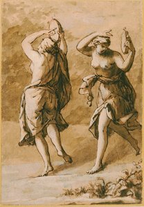 Two Maenads, A Study (hnědá barva s bílými odlesky a hnědým inkoustem na papíře) od John Michael Rysbrack