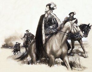 Neznámá královna opouští kouřící město v doprovodu eskorty od John Millar Watt