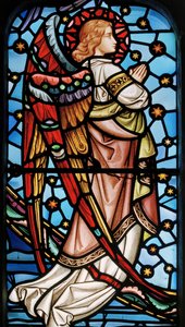 Cuxton, St Michael, East Window, Lavers & Barraud, John Millner Allen (1827-1902), Angel from Christ in Majesty with Saints, c.1865 od John Millner Allen